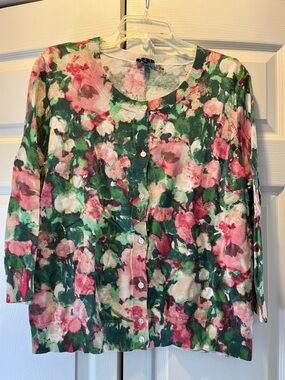 Talbots Floral Knit Crewneck Three-Quarter Sleeve Sweater  in Pink and Green